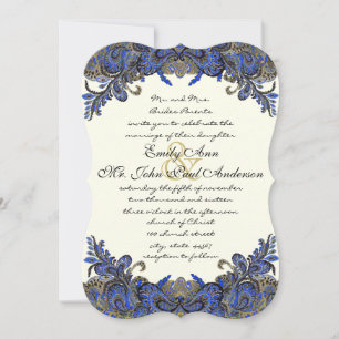 Blue Gold & Black Peacock Ivory Wedding Invitation