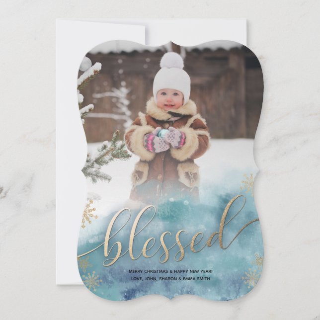 Blue Gold Blessed Watercolor Christmas Photo Card (Front)
