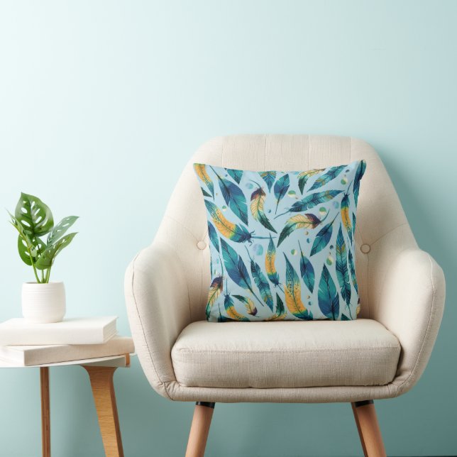 Blue Gold Boho Feathers Pattern Cushion (Chair)