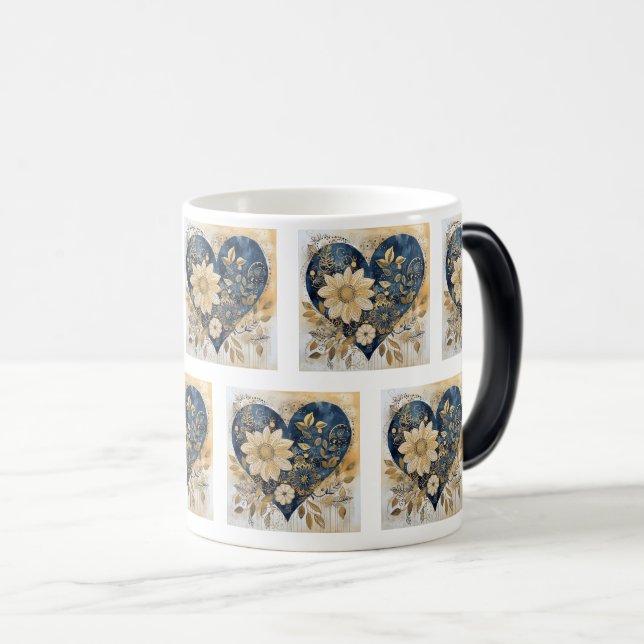 Blue & Gold Boho Flower Heart Art  Magic Mug (Front Right)