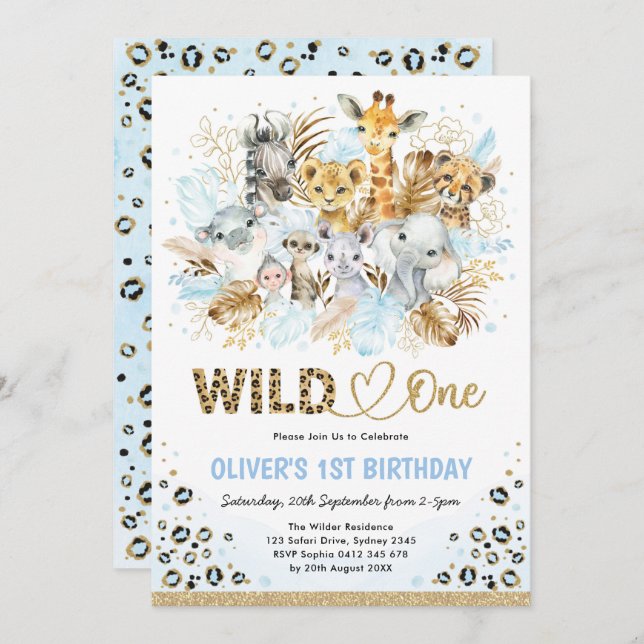 Blue Gold Boho Safari Animals Wild One Birthday Invitation (Front/Back)