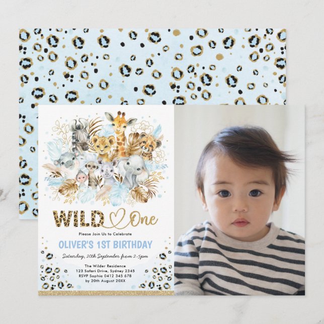 Blue Gold Boho Safari Wild One Photo Birthday Invitation (Front/Back)