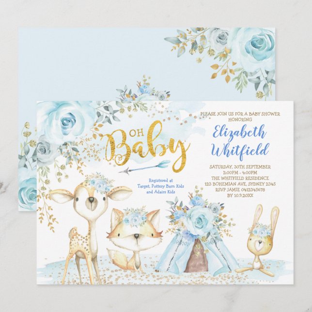 Blue Gold Boho Woodland Forest Boy Baby Shower Invitation (Front/Back)