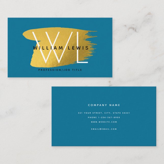 Blue Gold Bold Monogram Modern Minimalist Business Card (Front/Back)