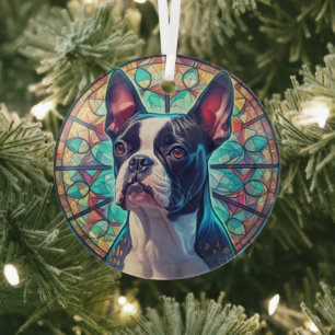 Blue Gold Boston Terrier Dog Stained Glass Tree Decoration
