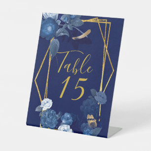Blue & Gold Botanical Florals Wedding Table Number Pedestal Sign