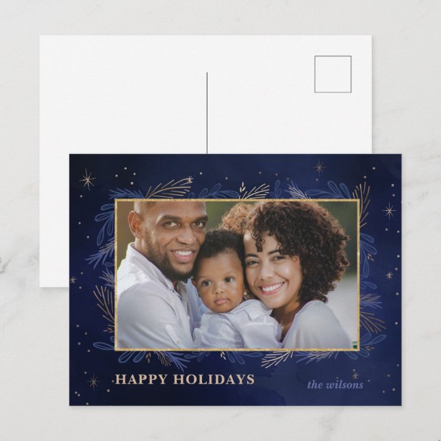 Blue Gold Botanical Photo Holiday PostCard (Front/Back)