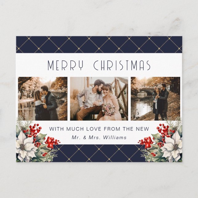 Blue Gold Botanical Photo Newlywed Holiday Postcard (Front)