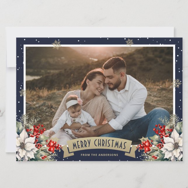 Blue Gold Botanical Snowflake Photo Christmas Holiday Card (Front)