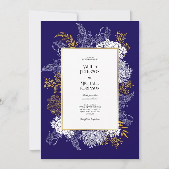 Blue Gold Botany Graphic Wedding Invitation (Front)