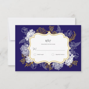 Blue Gold Botany Graphic Wedding RSVP Card