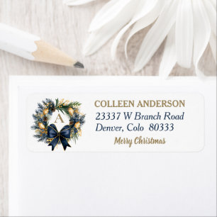 Blue Gold Bow Christmas Wreath Return Address