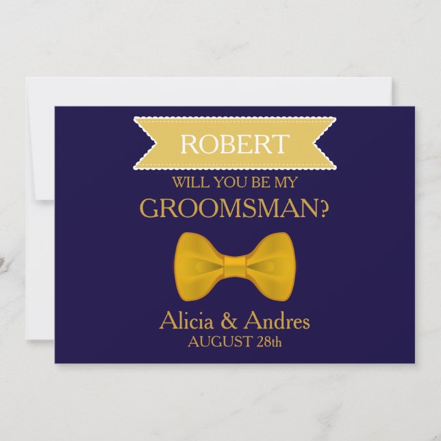 Blue & Gold Bow Will you be my Groomsman? Invitation (Front)