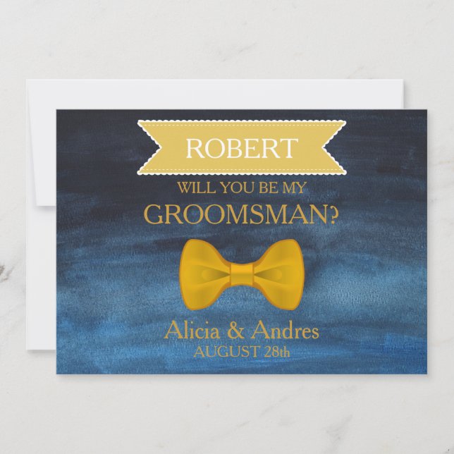 Blue & Gold Bow Will you be my Groomsman? Invitation (Front)