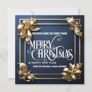 Blue gold bows business christmas photo logo qr holiday card