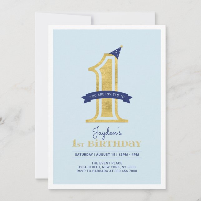 Blue & Gold |  Boy 1st Birthday Party Invitation (Front)