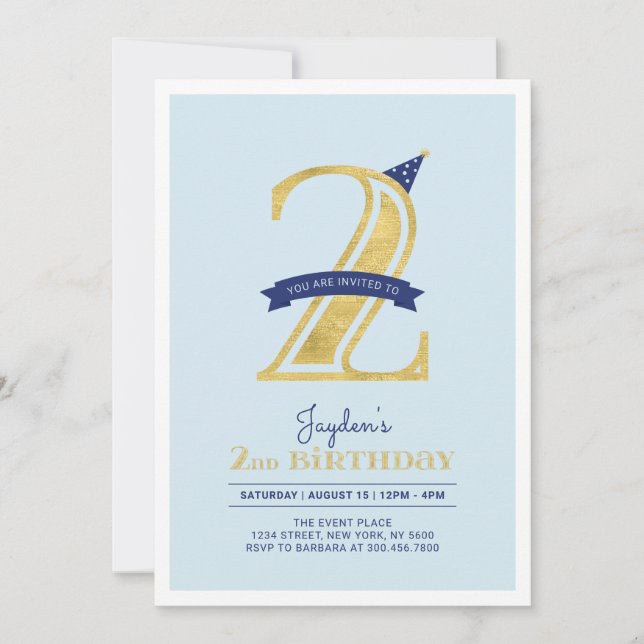 Blue & Gold |  Boy 2nd Birthday Party Invitation (Front)