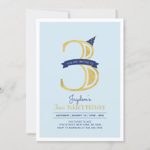 Blue & Gold    Boy 3rd Birthday Party Invitation