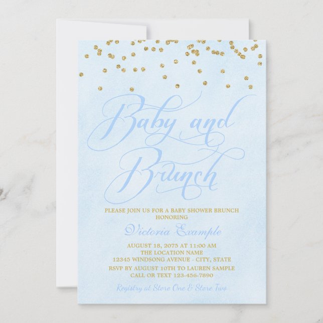 Blue Gold Boy Baby Shower Brunch Invitations (Front)