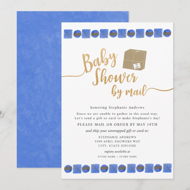 Blue Gold Boy Baby Shower by mail Invitation (Front/Back)