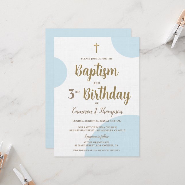 Blue Gold Boy Baptism 3RD Birthday Invitation (Front/Back In Situ)