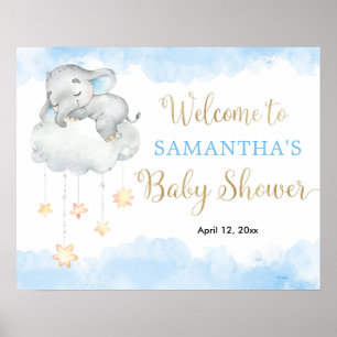 Blue gold boy elephant baby shower welcome sign