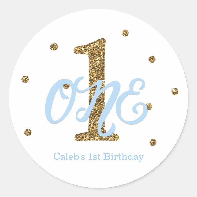 Blue & Gold Boys ONE 1st Birthday Party Favour Classic Round Sticker (Front)