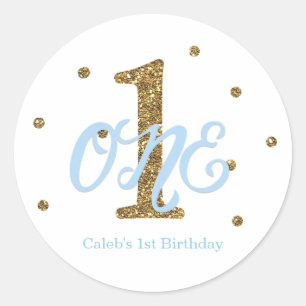 Blue & Gold Boys ONE 1st Birthday Party Favour Classic Round Sticker