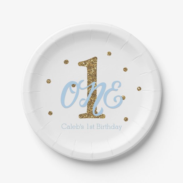 Blue & Gold Boys ONE 1st Birthday Party Paper Plate (Front)
