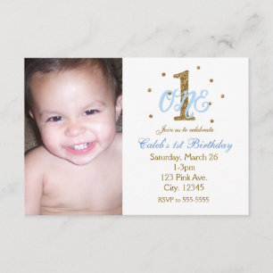 Blue & Gold Boys ONE 1st Birthday Party Photo Invitation