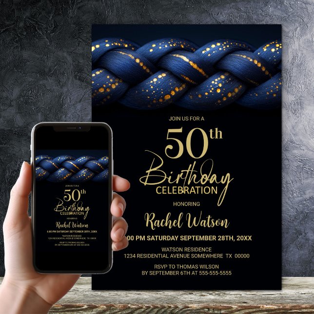 Blue Gold Braid 50th Birthday Party Invitation (Creator Uploaded)