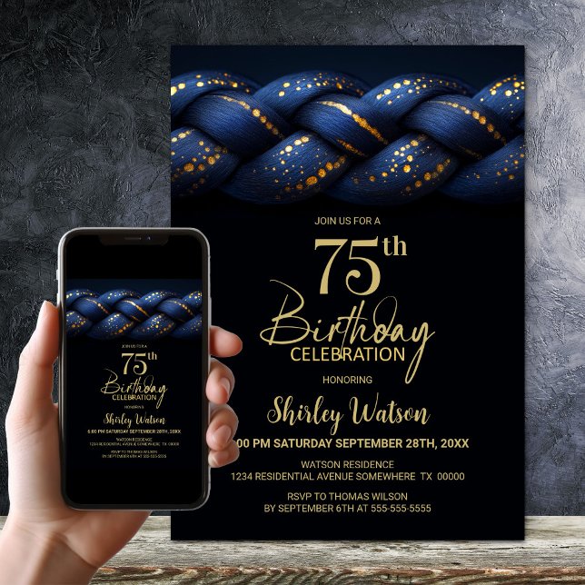 Blue Gold Braid 75th Birthday Party Invitation (Creator Uploaded)
