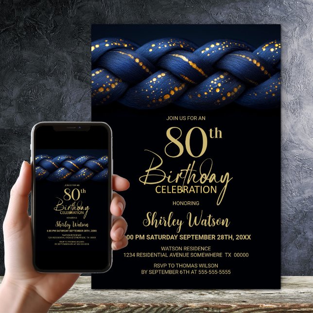 Blue Gold Braid 80th Birthday Party Invitation (Creator Uploaded)