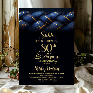 Blue Gold Braid Surprise 80th Birthday Party Invitation