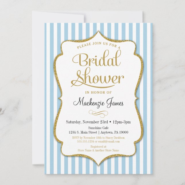 Blue Gold Bridal Shower Invitation Pastel Blue (Front)