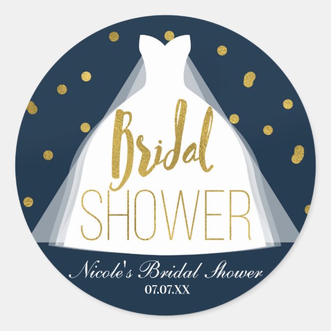 Blue & Gold Bridal Shower Wedding Dress Confetti Classic Round Sticker (Front)