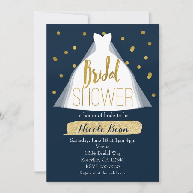 Blue & Gold Bridal Shower Wedding Dress & Confetti Invitation (Front)