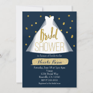 Blue & Gold Bridal Shower Wedding Dress & Confetti Invitation