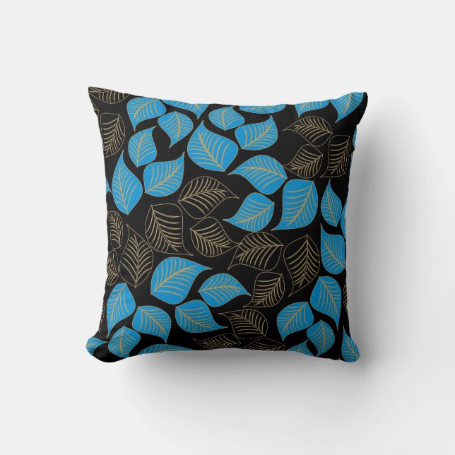 Blue gold broad leaves pattern on black cushion (Front)