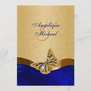 Blue gold brown butterfly wedding invitation