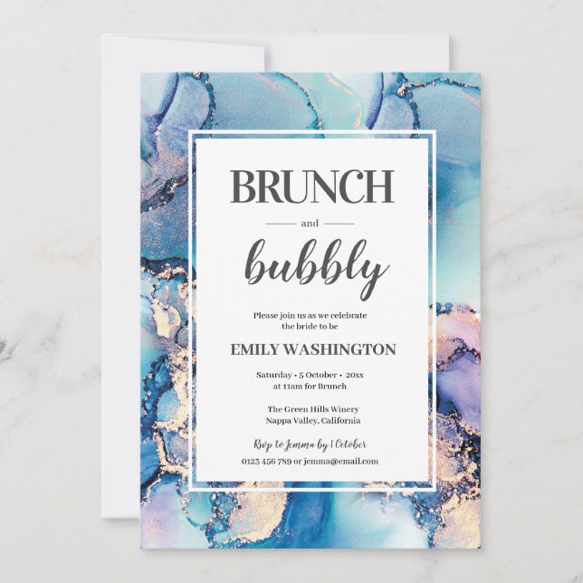 Blue gold Brunch & Bubbly Bridal Shower Invitation (Front)