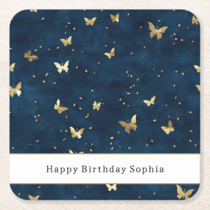Blue Gold Butterflies Birthday Square Paper Coaster