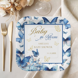 Blue Gold Butterfly Baby in Bloom Shower Paper Plate