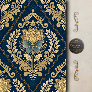 Blue Gold Butterfly Damask Decoupage Tissue Paper