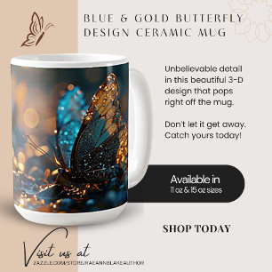 Blue & Gold Butterfly Design Ceramic Mug