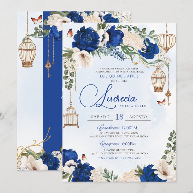 Blue Gold Butterfly Floral Elegant Quinceañera Invitation (Front/Back)