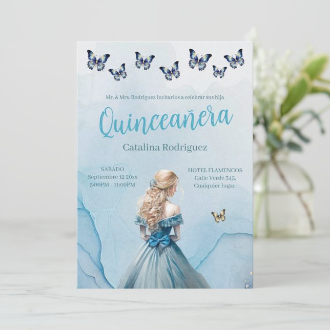 Blue Gold Butterfly Princess Quinceañera Invitation (Standing Front)