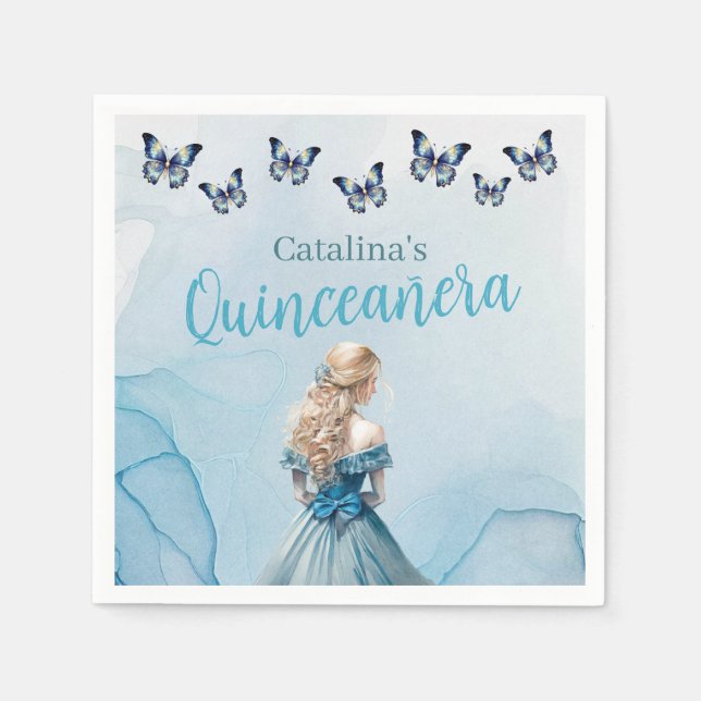 Blue Gold Butterfly Princess Quinceañera Napkin (Front)