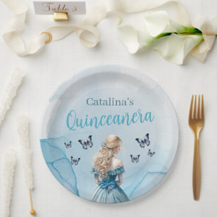 Blue Gold Butterfly Princess Quinceañera Paper Plate