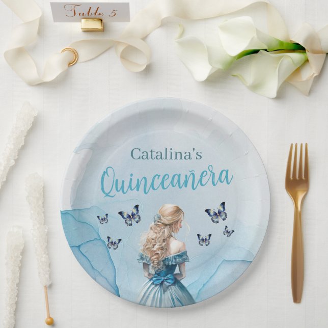 Blue Gold Butterfly Princess Quinceañera Paper Plate (Wedding)